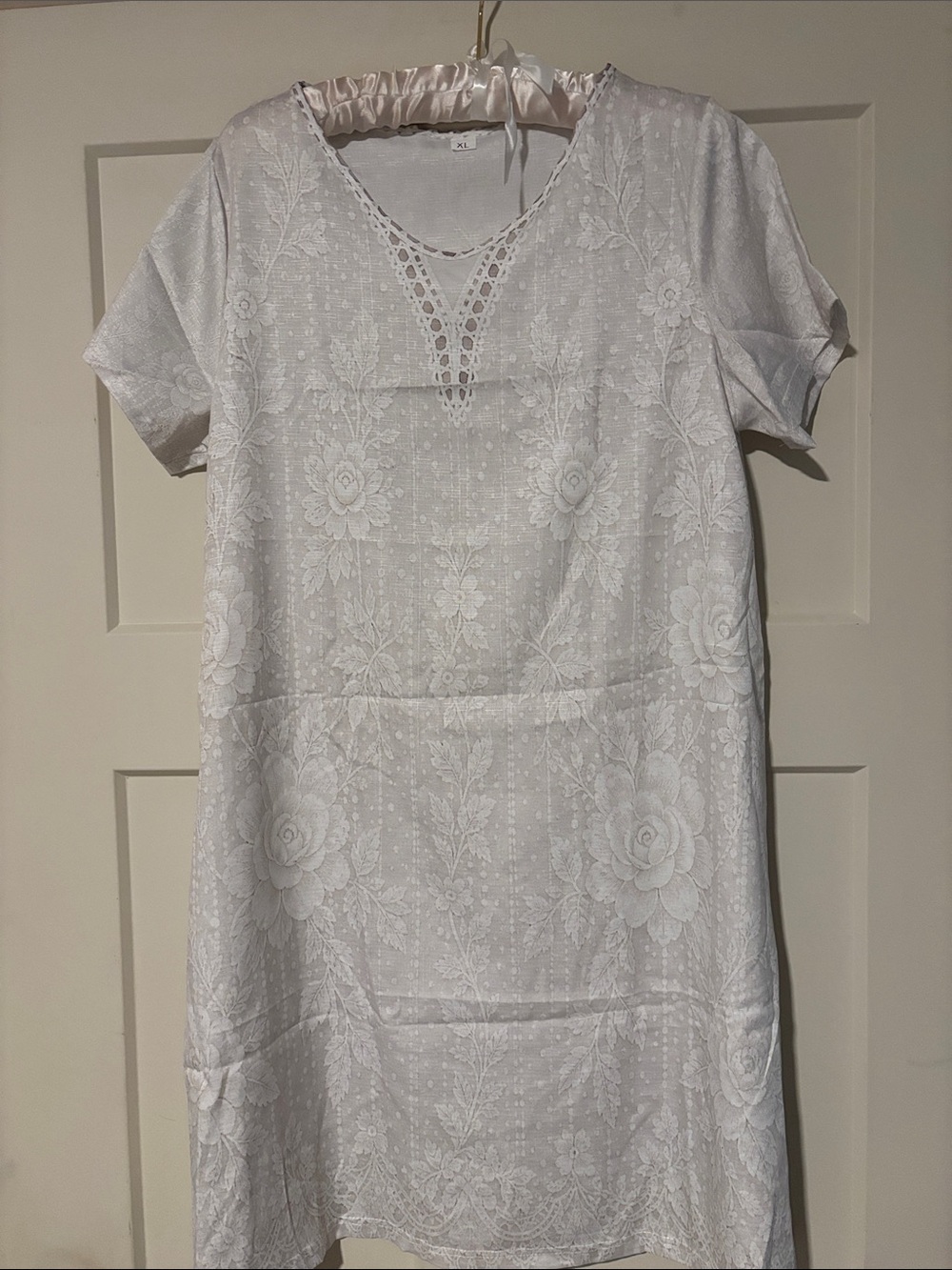 White Embroidered Print V-Neck Women's Dress